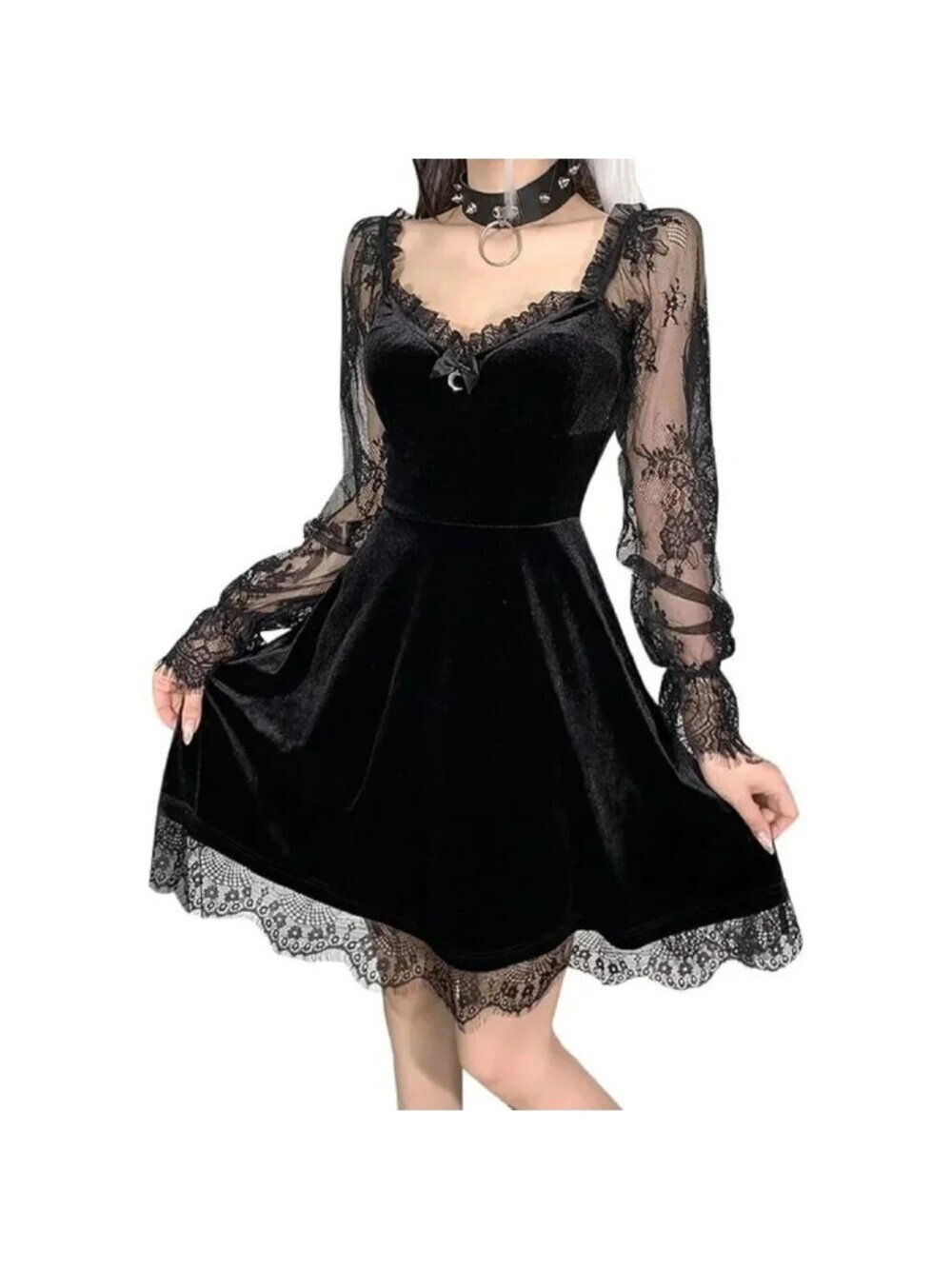 Sleeveless  Lace Lolita A-Line Mini Spaghetti Strap Velvet Dresses For Women
